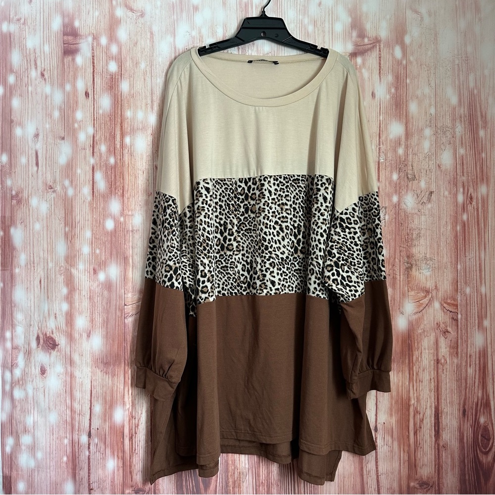 Bloomchic Tan Colorblock Long Sleeve Brown Cheetah Print T Shirt Size 30